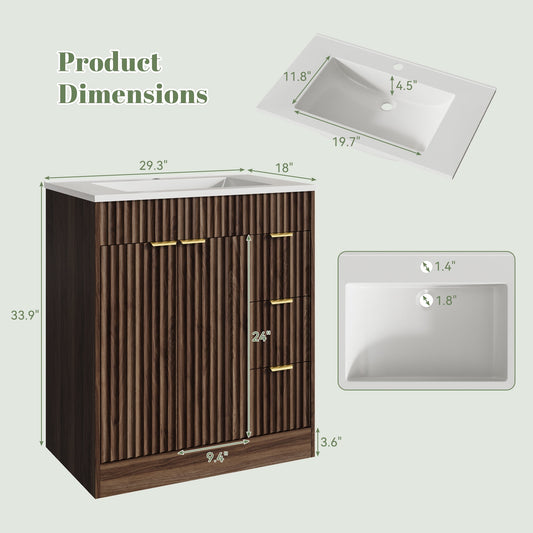 30" Fluted Bathroom Vanity Cabinet with 3 Drawers,Bathroom Vanity with Sink and Soft-Close Doors,Freestanding Small Bathroom Sink Cabinet,Brown
