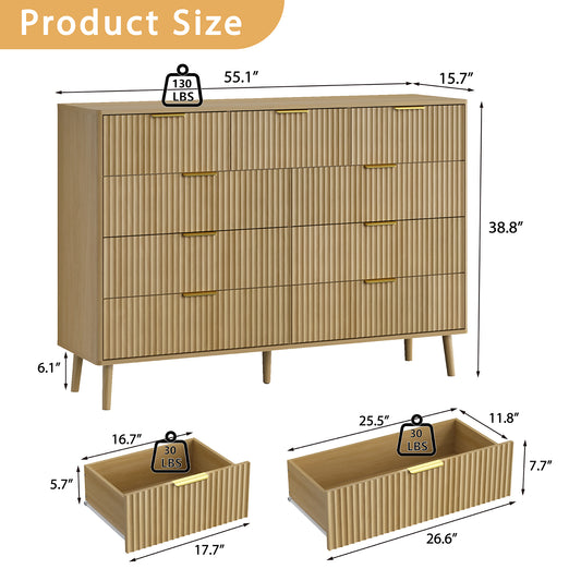 Fluted 9 Drawers Dresser, 55.1" Wide Modern Chest of Drawers with Wood Foot, Dresser TV Stand Up to 65 Inch TV, Wood Drawer Organizer for Bedroom, Living Room, Hallway - OAK