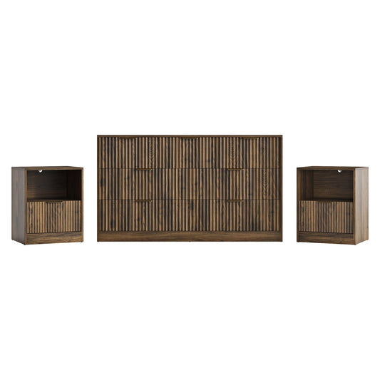3-Piece Modern Bedroom Set - 7 Drawer Wide Dresser & Nightstands Set of 2 with Fluted Design, Anti-Tip Safety Brown Natural Wood Storage Furniture for Bedroom,Hallway 7+2,Brown