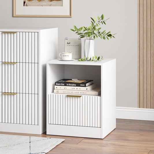 3-Piece Modern Bedroom Set - 7 Drawer Wide Dresser & Nightstands Set of 2 with Fluted Design, Anti-Tip Safety White Natural Wood Storage Furniture for Bedroom,Hallway 7+2,White