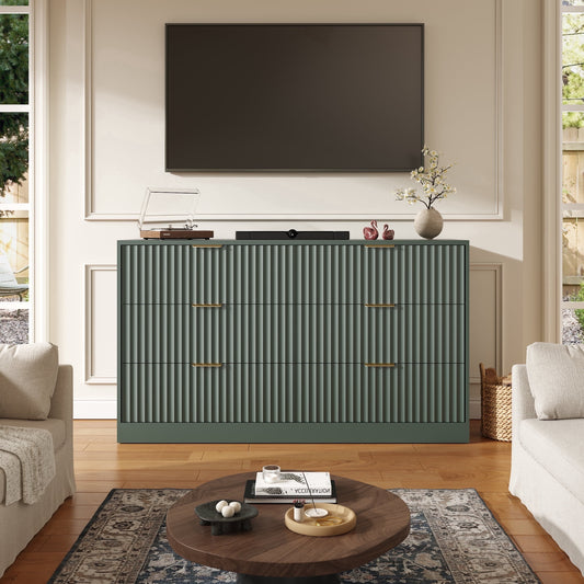 55.1" W Fluted 6 Drawer Dresser for Adult,Wooden Bedroom Dresser,Dresser TV Stand up to 65" for Living Room,Green