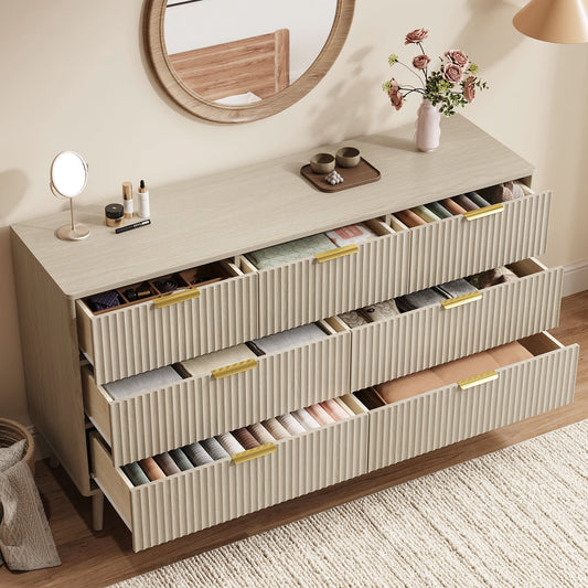 Fluted 7 Drawers Dresser, 55.1" Wide Modern Chest of Drawers with Wood Foot, Dresser TV Stand Up to 65 Inch TV, Wood Drawer Organizer for Bedroom, Living Room, Hallway - Cream