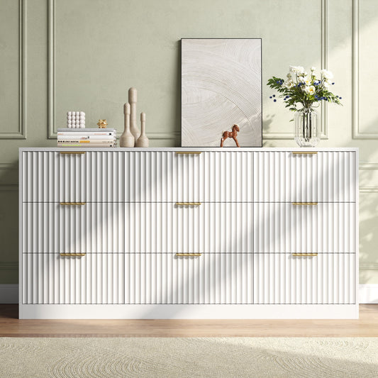 63" W Fluted 9 Drawer Dresser for Adult,Wooden Bedroom Dresser,Dresser TV Stand up to 70" for Living Room,White