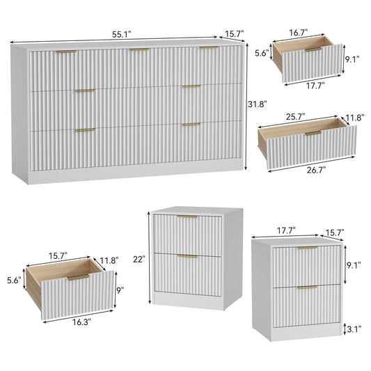 3-Piece Modern Bedroom Set - 7 Drawer Wide Dresser & Nightstands Set of 2 with Fluted Design, Anti-Tip Safety White Natural Wood Storage Furniture for Bedroom,Hallway 7+4,White