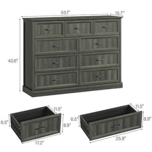 Rustic 9-Drawer Wood Dresser, Large Storage Chest Organizer with Metal Handles for Bedroom, Living Room, Farmhouse Style Furniture,Gray