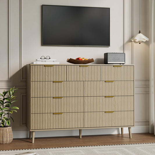 Fluted 9 Drawers Dresser, 55.1" Wide Modern Chest of Drawers with Wood Foot, Dresser TV Stand Up to 65 Inch TV, Wood Drawer Organizer for Bedroom, Living Room, Hallway - Cream