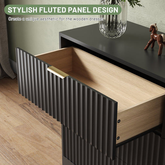 55.1" W Fluted 6 Drawer Dresser for Adult,Wooden Bedroom Dresser,Dresser TV Stand up to 65" for Living Room,Black