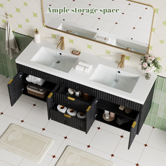 60" Fluted Bathroom Vanity Cabinet with 2 Drawers,Bathroom Vanity with Sink and 4 Soft-Close Doors,Floating Bathroom Sink Cabinet,Black