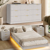 4-Piece Bedroom Set for Adult, Fluted Queen Floating LED Bed Frame with 2 Nightstands and Fluted 9 Drawer Dressers,White Queen,9+6 Drawers