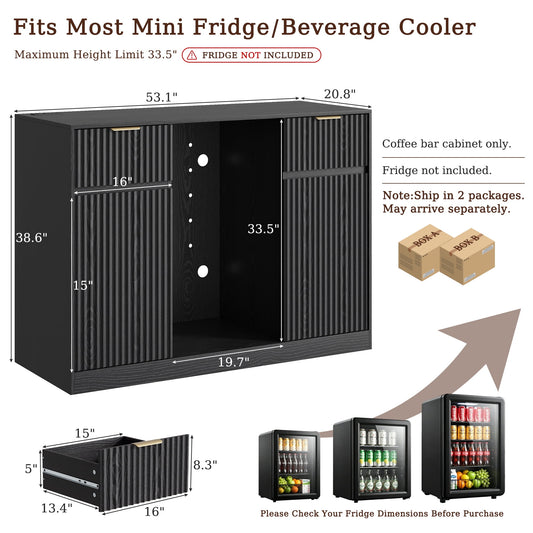 53" Mini Fridge Cabinet with Power Outlet,Fluted Coffee Bar Cabinet with Mini Fridge Space,Buffet Sideboard with Drawers,Black