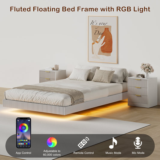 4-Piece Bedroom Set for Adult, Fluted Queen Floating LED Bed Frame with 2 Nightstands and Fluted 9 Drawer Dressers,White Queen,9+6 Drawers