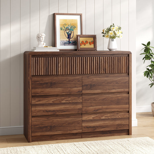 9 Fluted Drawers Dresser for Bedroom, 49.2" W Modern Chest of Drawers with Curved Profile Design, Mid Century Storage Dressers Organizer,Brown