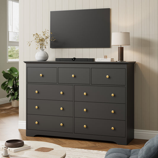 55.1" Wide Dresser for Bedroom, 9 Drawer Dresser with Large Drawers, Dresser for TVs Up to 65",Black
