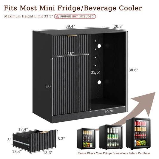 39.4" Mini Fridge Cabinet with Power Outlet,Fluted Coffee Bar Cabinet with Mini Fridge Space,Buffet Sideboard with Drawers,Black