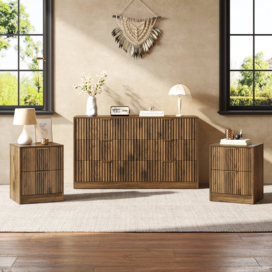 3-Piece Modern Bedroom Set - 6 Drawer Wide Dresser & Nightstands Set of 2 with Fluted Design, Anti-Tip Safety Brown Natural Wood Storage Furniture for Bedroom,Hallway 6+4,Brown