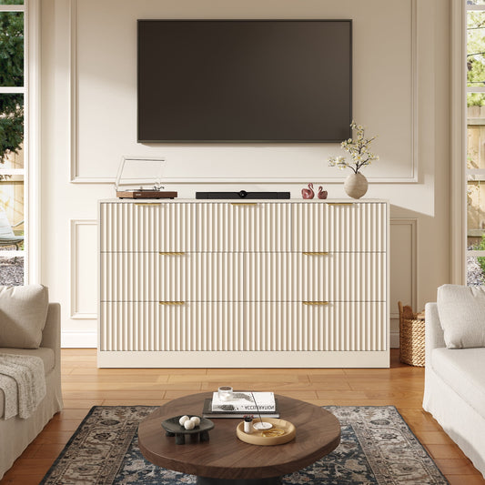 55.1" W Fluted 7 Drawer Dresser for Adult,Wooden Bedroom Dresser,Dresser TV Stand up to 65" for Living Room,Beige