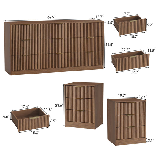 3-Piece Modern Bedroom Set - 9 Drawer Wide Dresser & Nightstands Set of 2 with Fluted Design, Anti-Tip Safety Light Walnut Natural Wood Storage Furniture for Bedroom,Hallway 9+6,Light Walnut