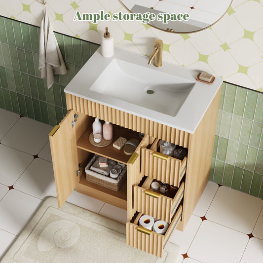 30" Fluted Bathroom Vanity Cabinet with 3 Drawers,Bathroom Vanity with Sink and Soft-Close Doors,Freestanding Small Bathroom Sink Cabinet,OAK