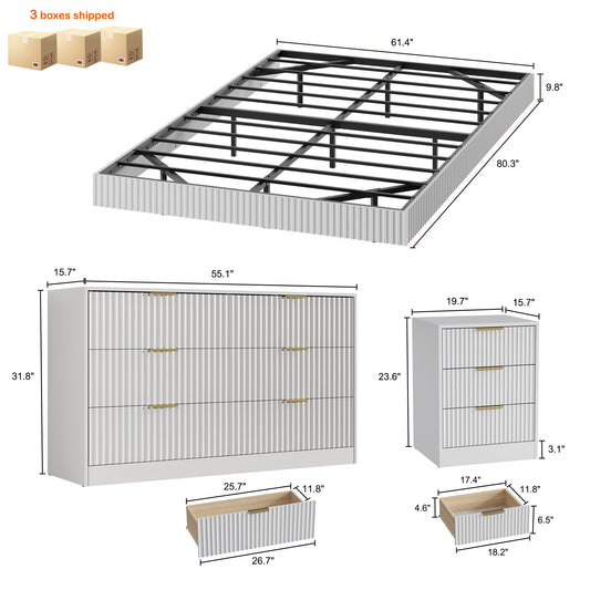 4-Piece Bedroom Set for Adult, Fluted Queen Floating LED Bed Frame with 2 Nightstands and Fluted 6 Drawer Dressers,White Queen,6+6 Drawers