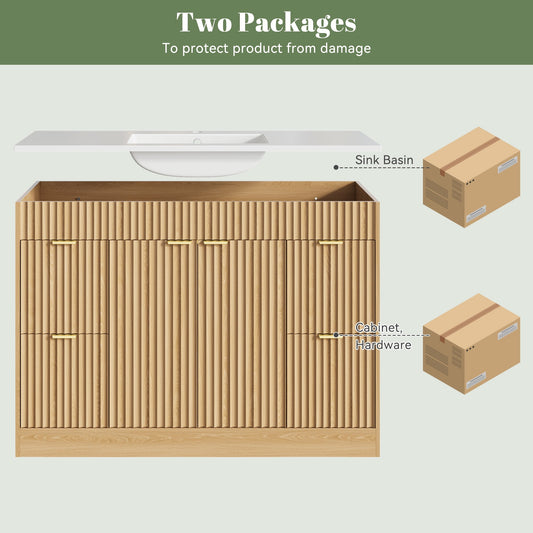 48" Fluted Bathroom Vanity Cabinet with 4 Drawers,Bathroom Vanity with Sink and Soft-Close Doors,Freestanding Bathroom Sink Cabinet,OAK