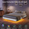 Queen Bed Frame with RGB LED Lights,Floating Bed with Fluted Design;Heavy Duty Steel, Modern Metal Queen Size Bed,White