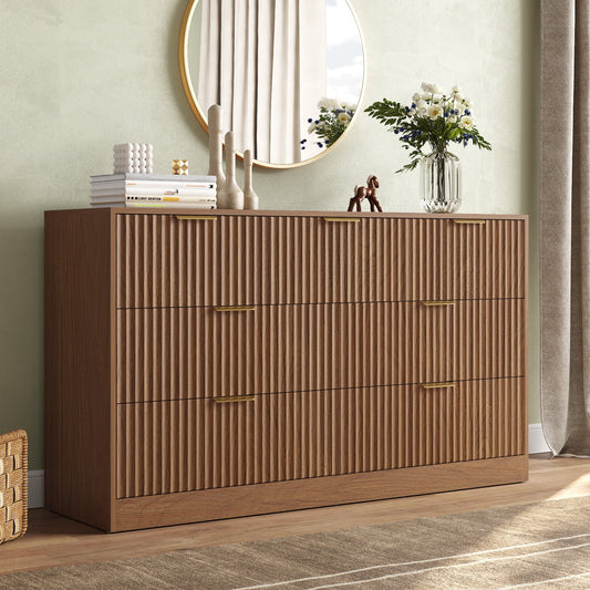 55.1" W Fluted 7 Drawer Dresser for Adult,Wooden Bedroom Dresser,Dresser TV Stand up to 65" for Living Room,Oak