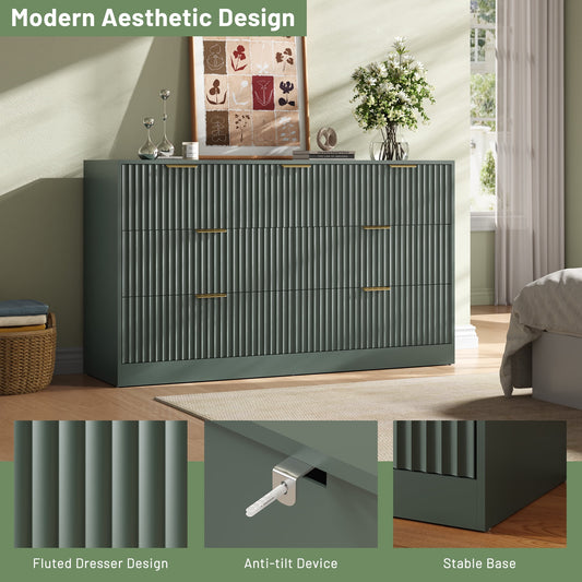 55.1" W Fluted 7 Drawer Dresser for Adult,Wooden Bedroom Dresser,Dresser TV Stand up to 65" for Living Room,Green