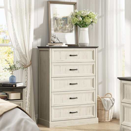 Modern 5 White Drawer Dresser, 44" H Tall Chest for Bedroom,Anti-Tip Device