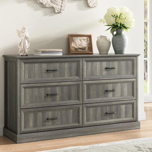 Farmhouse 6 White Drawer Dresser for Bedroom, 55" Double Dresser & Chest of Living Room, TV Stand