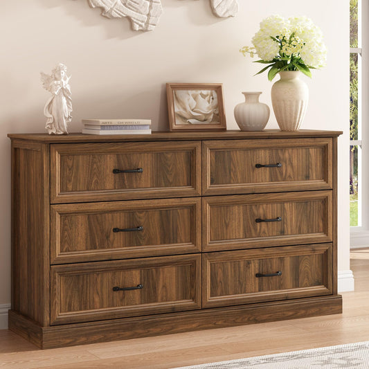 Farmhouse 6 White Drawer Dresser for Bedroom, 55" Double Dresser & Chest of Living Room, TV Stand