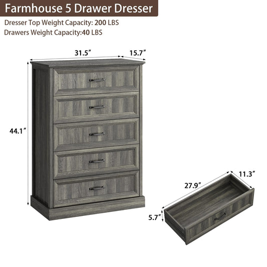 Modern 5 Drawers 31.1" W Dresser, 44" H Tall Chest for Bedroom,Anti-Tip Device