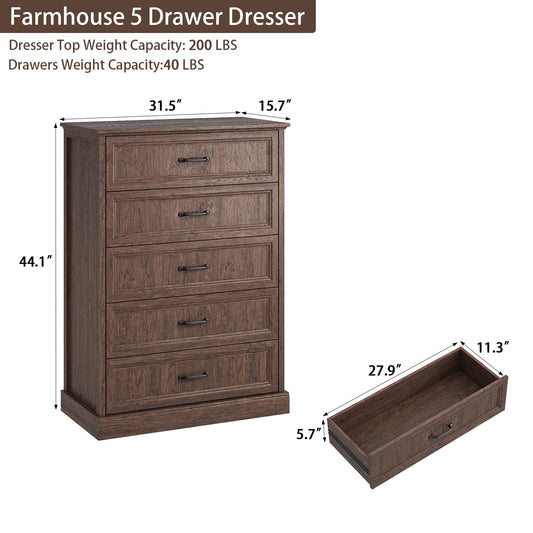 Modern 5 Drawer Dresser, 44" H Tall Chest for Bedroom,Anti-Tip Device
