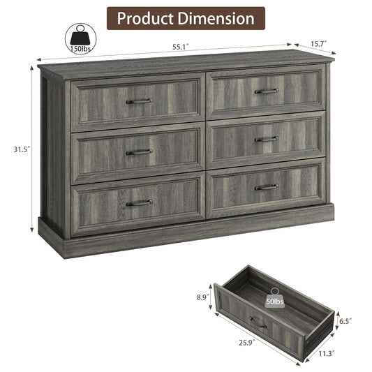 Farmhouse 6 White Drawer Dresser for Bedroom, 55" Double Dresser & Chest of Living Room, TV Stand