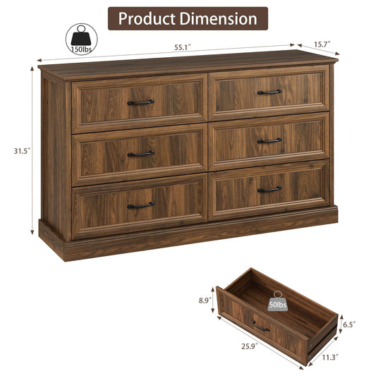 Farmhouse 6 White Drawer Dresser for Bedroom, 55" Double Dresser & Chest of Living Room, TV Stand